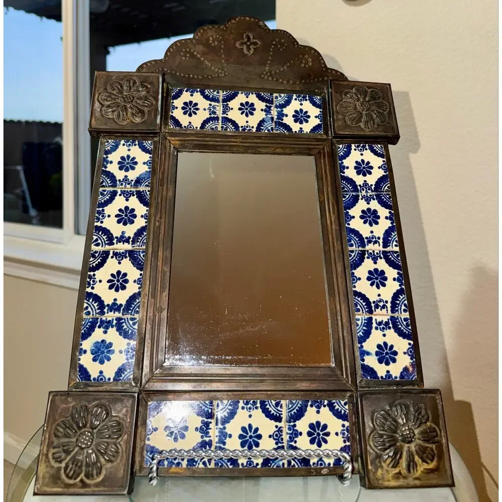 Vintage Mexican Talavera Tile Tin Wall Mirror Blue White Folk Art 20 x 12